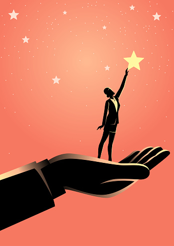 Business concept illustration of giant hand helping a business woman to reach out for the stars