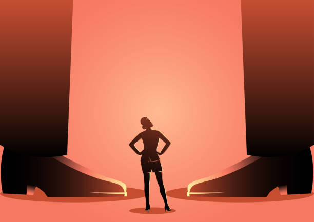 kobieta biznesu stojąca między gigantycznymi męskimi nogami - imbalance giant small large stock illustrations