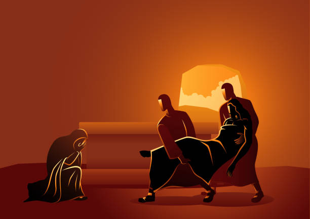 Jesus is placed in the tomb vector art illustration