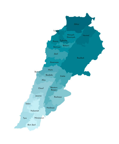 Vector isolated illustration of simplified administrative map of Lebanon. Borders and names of the districts. Colorful blue khaki silhouettes Vector isolated illustration of simplified administrative map of Lebanon. Borders and names of the districts. Colorful blue khaki silhouettes. beirut illustrations stock illustrations