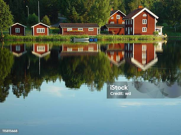 Red Painted Swedish Lakeside Houses Reflection Stock Photo - Download Image Now - House, Red, Sweden