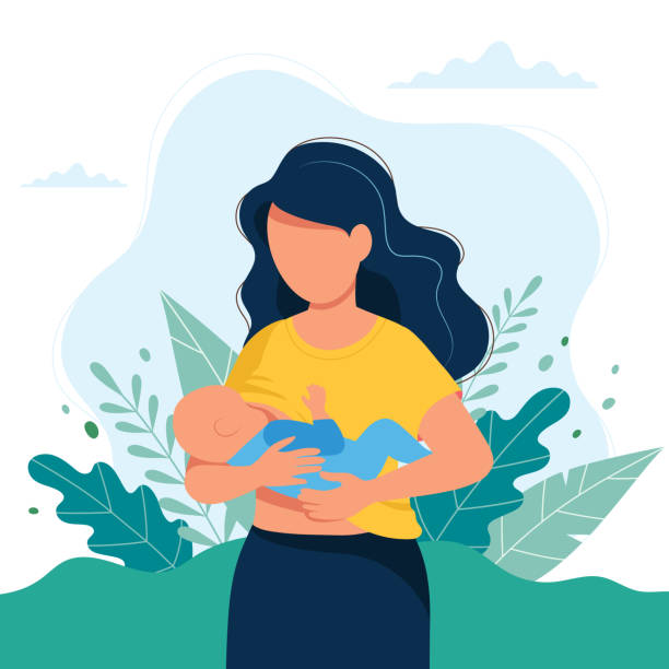 ilustracja karmienia piersią, matka karmiąca dziecko piersią na naturalnym tle. ilustracja koncepcyjna - breastfeeding newborn mother baby stock illustrations