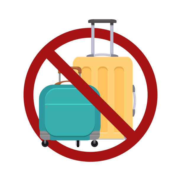 Ban on luggage. Flat illustration of suitcases in the prohibition sign. Stop cargo. Travel light. Object is separate from the background. Vector item Ban on luggage. Flat illustration of suitcases in the prohibition sign. Stop cargo. Travel light. Object is separate from the background. Vector item for icons, stickers and your design exclusive travel stock illustrations