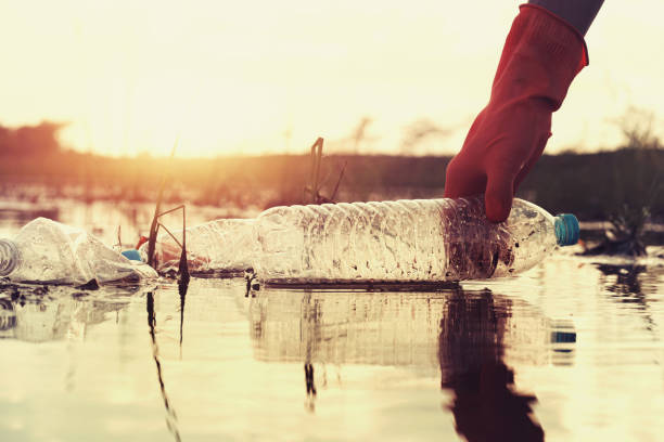 istock woman hand picking up garbage plastic for cleaning at river with sunset 1158162348