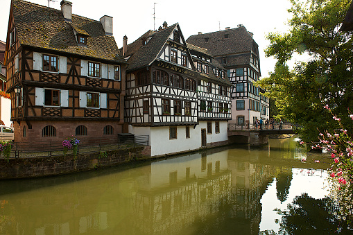 Strasbourg, France-07 13 2013:Medieval cityscape of Rhineland black and white timber-framed buildings in La Petite France (\