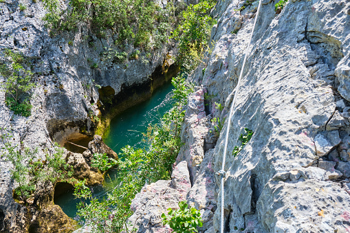 Cikola canyon in Croatia, up close, as seen from the via ferrata route above Cikola river. Tourism and adventure activities in Croatia concept