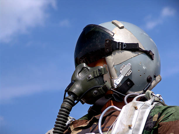 Fighter Pilot Close-up helmet, breathing apparatus of fighter pilot air force stock pictures, royalty-free photos & images