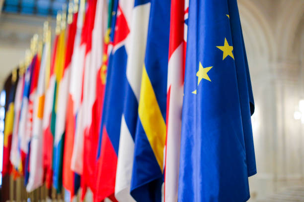유럽 연합 회원국은 나란히 플래그를 표시합니다. - european union flag european community flag europe 뉴스 사진 이미지