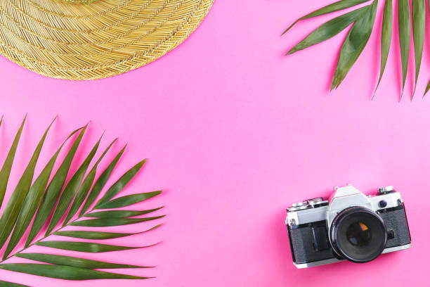 istock Feminine background with female items over bright colored paper. 1158171096