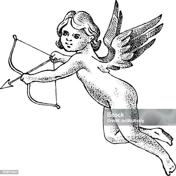 Cute Angel With Arrows And Bow Small Aesthetic Cupids With Wings Fly In The Sky Children Cute Angel With Arrows And Bow Small Aesthetic Cupids With Wings Fly In The Sky Children