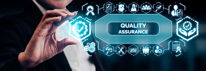 Quality Assurance and Quality Control Concept - Modern graphic interface showing certified standard process, product warranty and quality improvement technology for satisfaction of customer.