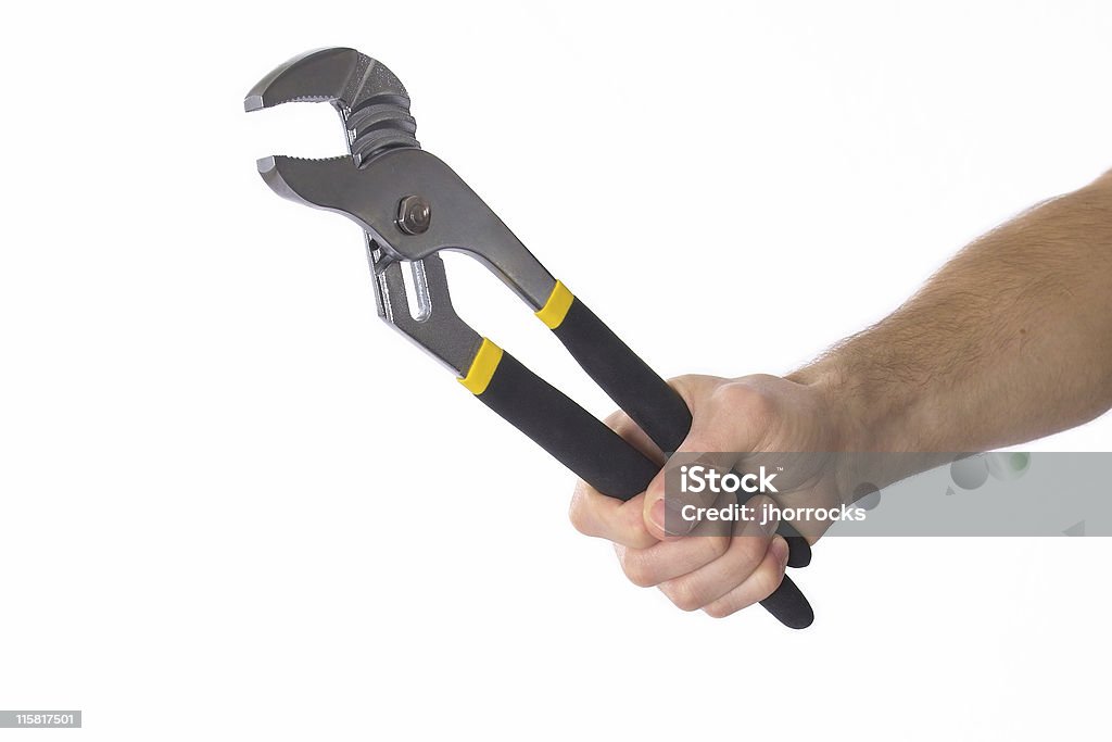 Channellock Pliers Male hand gripping a pair of groove-joint pliers (open position). Pliers Stock Photo