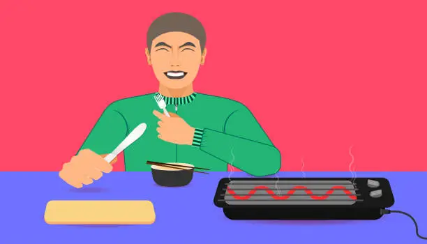 Vector illustration of free space on the chalice butcher and electric toaster for your food promotion. a man happy while eating meal recommended. on left hand holding a spoon and a knife on right hand.