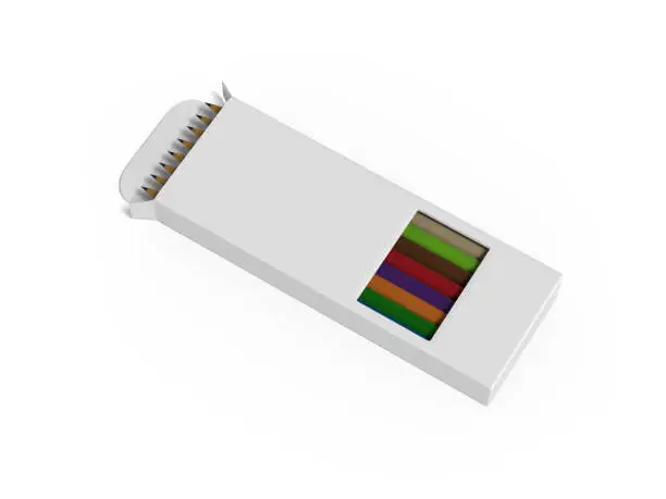 Photo of Multicoloured box of coloured pencils mock up template on isolated background, 3d illustration