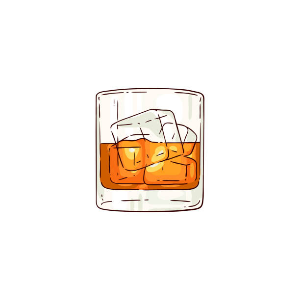 Vector whiskey or rum glass sketch icon Vector whiskey or rum glass with ice cubes sketch icon. Alcohol drink cup for luxury celebration or product advertising design. Party drink shot with orange liquid. Isolated illustration whiskey illustrations stock illustrations