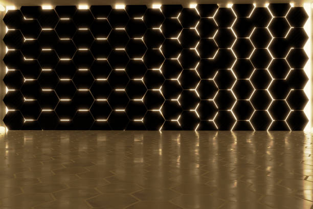 3d rendering of abstract background with golden light and stacked hexagon blocks