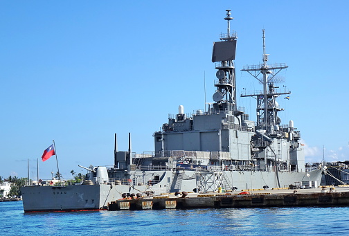 Kaohsiung, Taiwan -- June 2, 2019: A guided missile destroyer of the Taiwan navy is anchored in Kaohsiung Port.