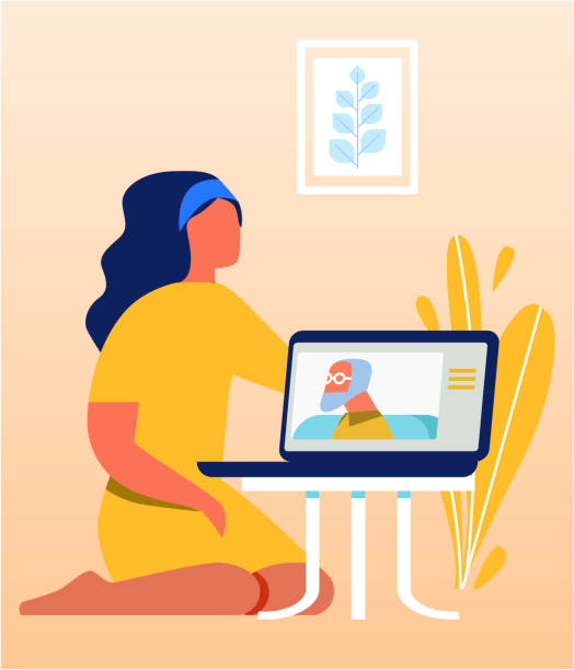 Pretty Woman Speaking with Old Relative via Laptop Cartoon Pretty Woman Speaking with Old Relative via Laptop. Flat Girl Sitting on Floor and Having Video Chat with Gray-Haired Father. Parent and Children Conversation on Distance. Vector Illustration grey hair on floor stock illustrations