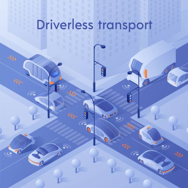 Smart Cars Driving in City Traffic on Crossroad Driverless Transport Banner. Unmanned Personal, Public and Commercial Vehicles with Infrared Sensor Device. Autonomous Smart Cars Driving in City Traffic on Crossroad. Isometric 3d Vector Illustration autonomous vehicles stock illustrations