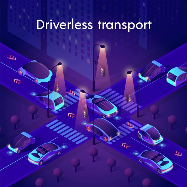 Driverless Transport Neon. Autonomous Smart Cars Driverless Transport Neon Banner. Autonomous Smart Cars Driving in City Traffic on Crossroad. Unmanned Personal, Public, Commercial Vehicle with Infrared Sensor Device Isometric 3d Vector Illustration infrared background stock illustrations