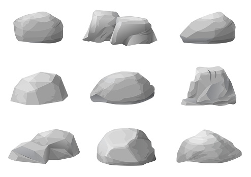 Set of different natural stones or rocks on a white background. Vector graphics