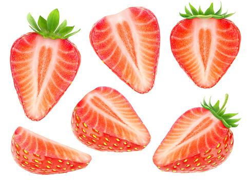 Isolated strawberry pieces. Collection of cut strawberry fruits isolated on white background with clipping path