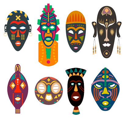 A set of African masks of different tribes and shapes bright colors under the face with holes