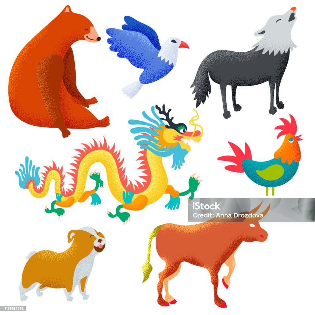 Set Of National Symbols Of Animals Of The World Symbols Of Animals From  Russia China Usa Italy Uk Spain France Bulldog Chinese Dragon Bear Eagle  Rooster Bull Wolf Vector Eps 10 Stock