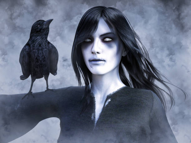 istock 3D rendering of ghost woman with crow on her arm. 1158183851