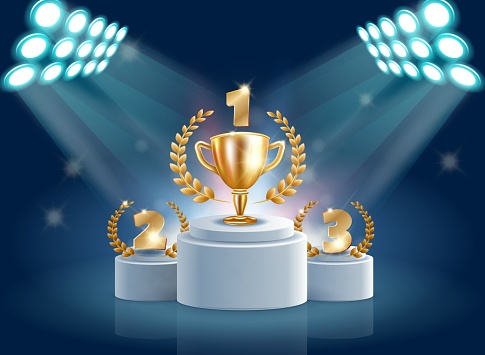 Splendid Flyer Honorary Prize Pedestal Realistic. Stage Equipment for Activities. Light and Sound Equipment Must be Set Up Immediately before Start Event Awarding Winners. Vector Illustration.