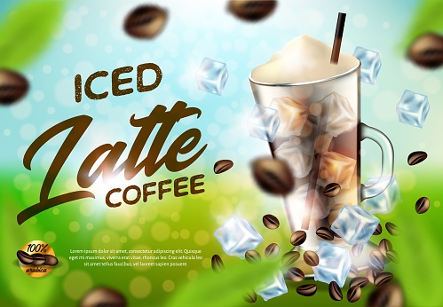 Iced Arabica Coffee Latte Promo Ad Banner, Drink Glass with Handle, Cold Brown Beverage with Ice Cubes, White Foam and Straw, Coffee Beans on Green Blurred Background, 3d Vector Realistic Illustration