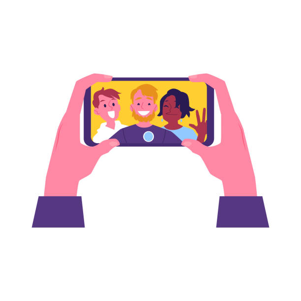 Vector flat cheerful friend making selfie together Vector hands holding smartphone with cheerful friends selfie in screen. Happy men and african black woman having fun together self portrait photography with smile. Isolated illustration human representation photos stock illustrations