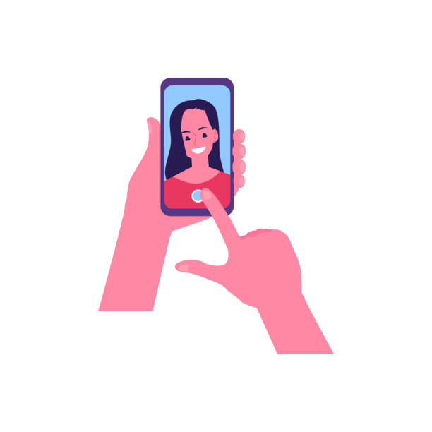 Vector cute cheerful young woman making selfie Vector hands holding smartphone with cute cheerful woman selfie in screen. Smiling young girl selfie photo in gadget. Attractive happy female character taking self-shot. cartoon photos stock illustrations