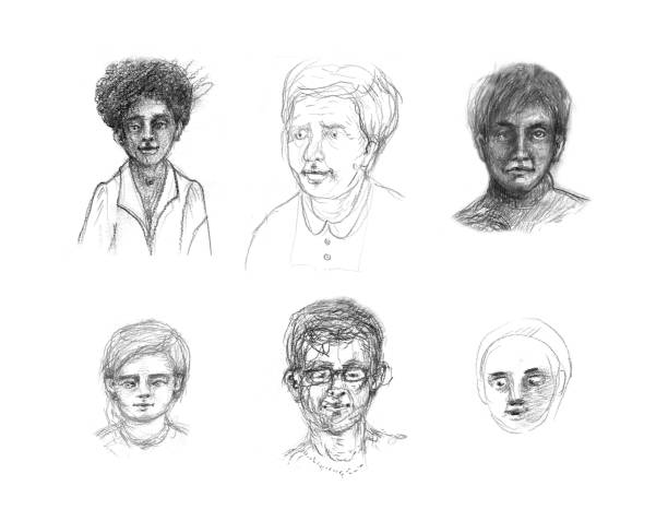 istock A collection of charcoal and pencil close up portraits, sketches, doodles or study in mixed media presenting assorted facial expressions of a group of individuals or people of all ages, genders 1158194561