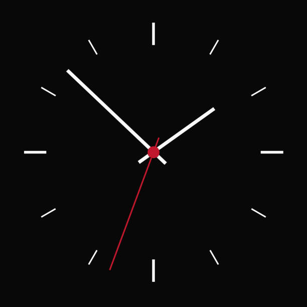 Realistic illustration of a dark clock face and a red center. Isolated on black background - vector Realistic illustration of a dark clock face and a red center. Isolated on black background - vector clock wall clock face clock hand stock illustrations