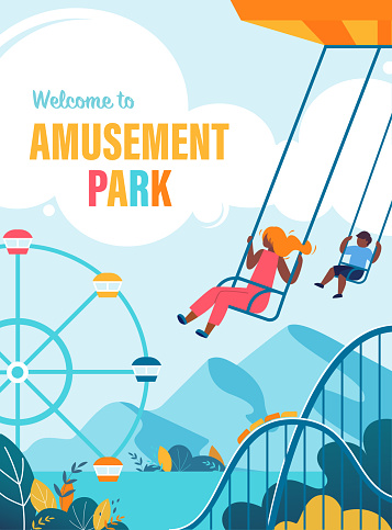 Colorful Poster Welcome to Amusement Park Flat. Summer Flyer Happy Children Ride on Carousel. Flat Banner Amusement Park with Ferris Wheel. Best Summer Vacation. Vector Illustration.