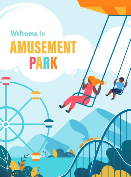 Vector illustration of Colorful Poster Welcome to Amusement Park Flat.