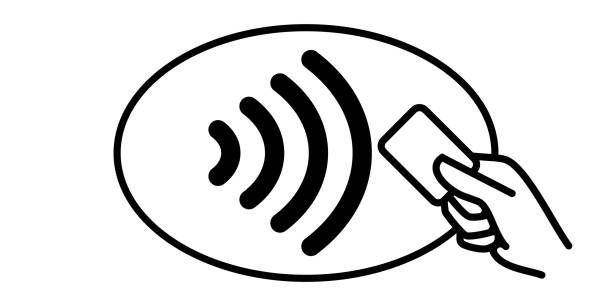 ilustrações, clipart, desenhos animados e ícones de ícone sem contato do vetor do pagamento. cartão de crédito e mão, onda de pagamento nfc sem fio e logotipo de passagem de pagamento sem contato - hardware store illustrations