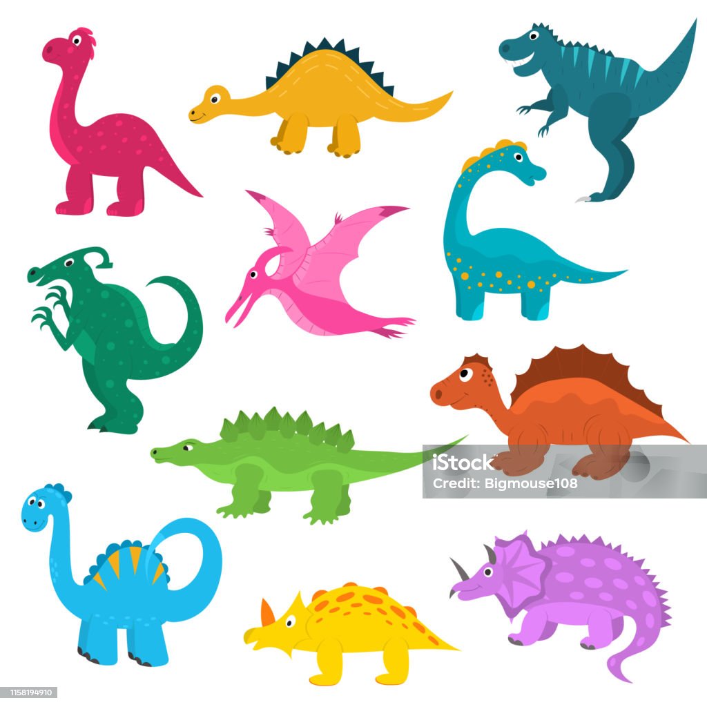 만화 색상 귀여운 공룡 아이콘 세트입니다 벡터 트리케라톱스속에 대한 스톡 벡터 아트 및 기타 이미지 - 트리케라톱스속, 개체 그룹,  고대의 - Istock