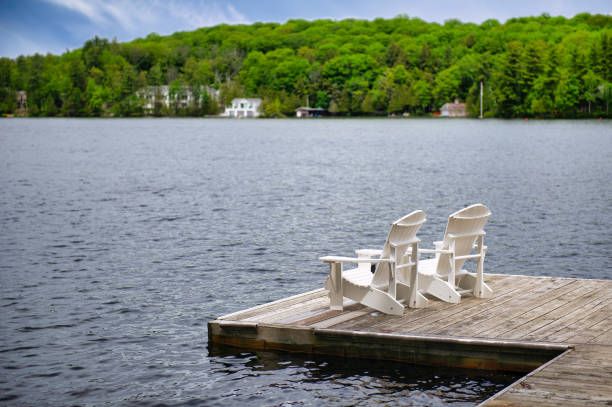 istock White Muskoka chairs on a wooden dock 1158195535