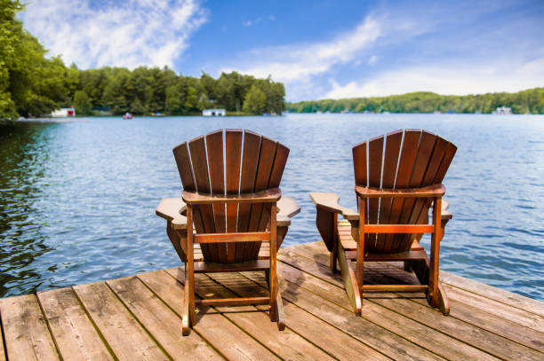 istock Adirondack chairs on a wooden dock overlooking a calm lake 1158195544