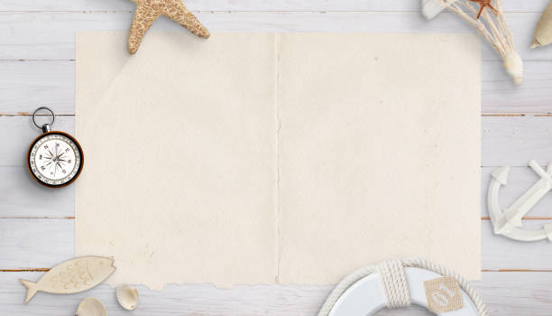 istock Empty old paper map surrounded by compass, shells, anchor, seastar. Concept of adventure, treasure hunt or world travel. 1158198018