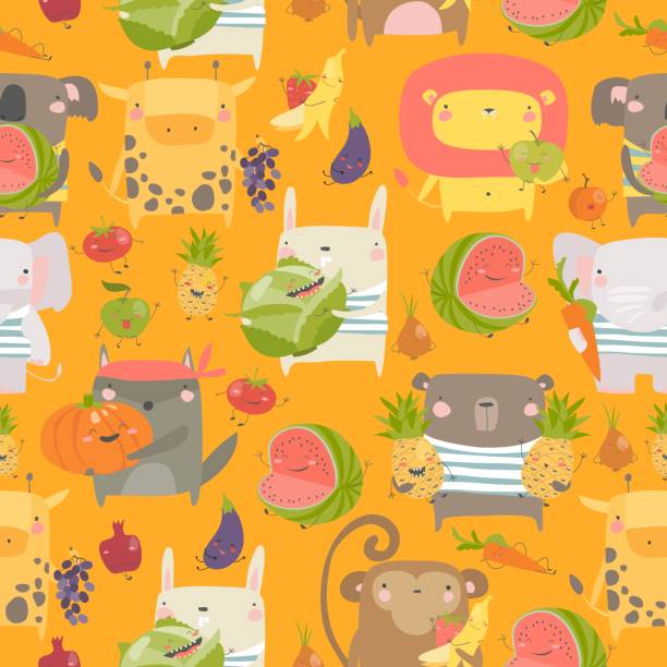 illustrations, cliparts, dessins animés et icônes de modèle sans couture avec des animaux de dessin animé retenant des fruits et des légumes sur le fond orange - big cat fun cute yellow