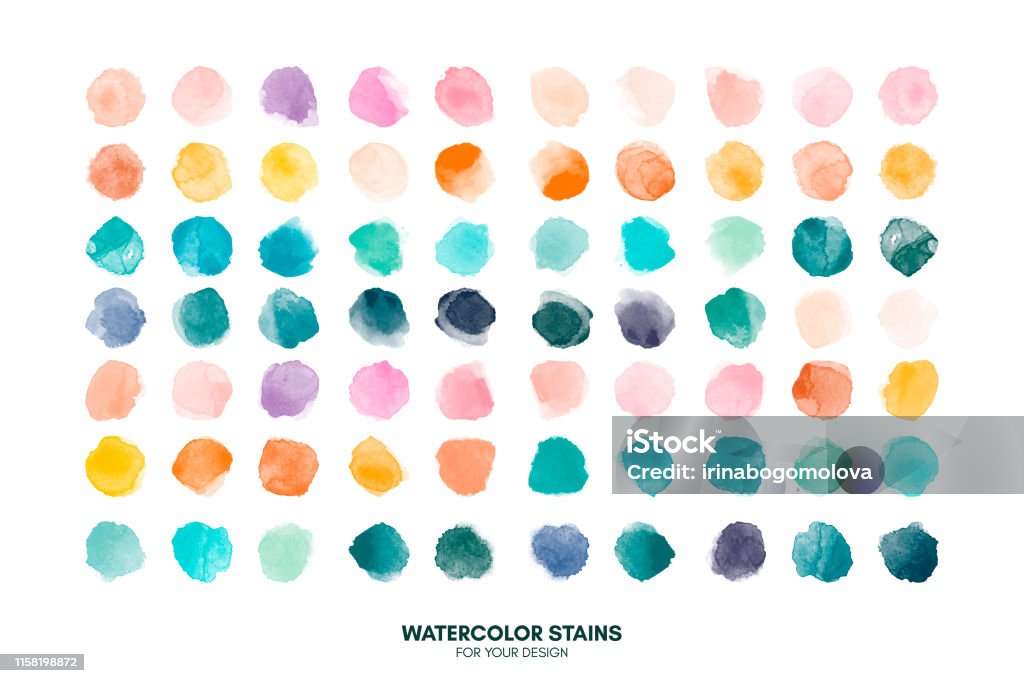 Set of colorful watercolor hand painted round shapes, stains, circles, blobs isolated on white. Illustration for artistic design - Royalty-free Pintura em Aquarela arte vetorial
