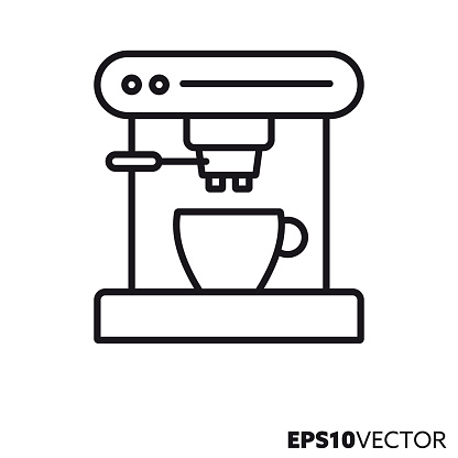 Espresso coffee machine line icon. Outline symbol of hot drinks and barista equipment. Kitchenware flat vector illustration.