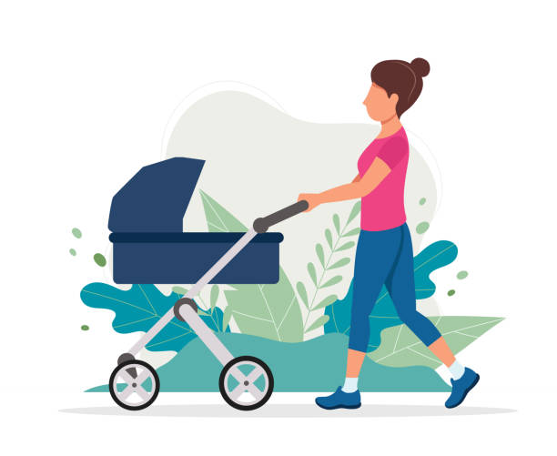 Woman with a baby carriage in the park. Vector illustration in flat style, concept illustration for healthy lifestyle, motherhood. vector illustration in flat style baby carriage stock illustrations