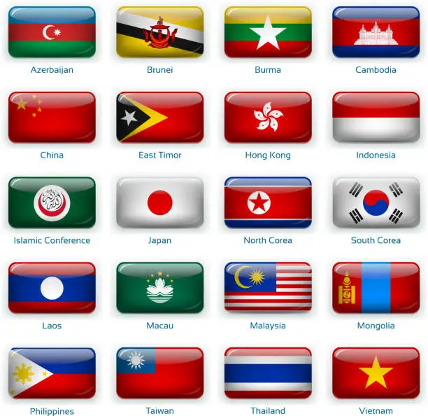 Vector illustration of Set of twenty flags in button style. Eastern Asia