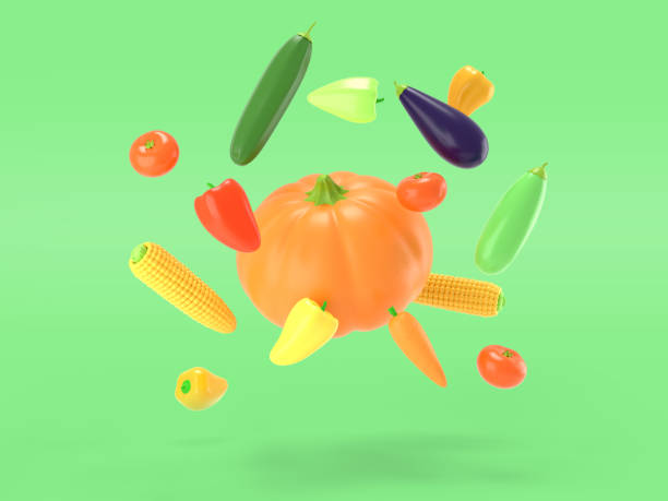 istock Vegetables flying on a green colored background. Pumpkin, corn, pepper, eggplant, zucchini, tomato in cartoon style. A vivid illustration of a ripe autumn harvest. 3D rendered 1158201790