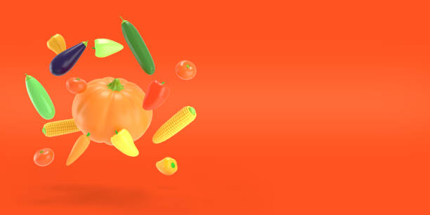 istock Vegetables flying on a red colored background. Pumpkin, corn, pepper, eggplant, zucchini, tomato in cartoon style. A vivid illustration of a ripe autumn harvest. 3D rendered 1158201826