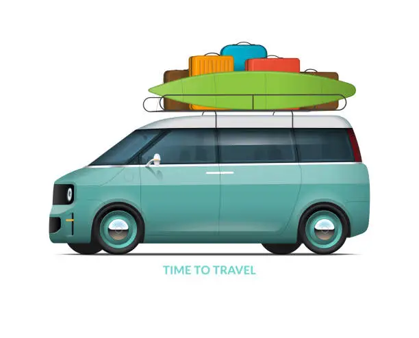 Vector illustration of Time to travel concept. Family car with roof rack packed for the trip. Modern vehicle in vintage style with surfboard isolated on white background. Easy to recolor. Vector illustration